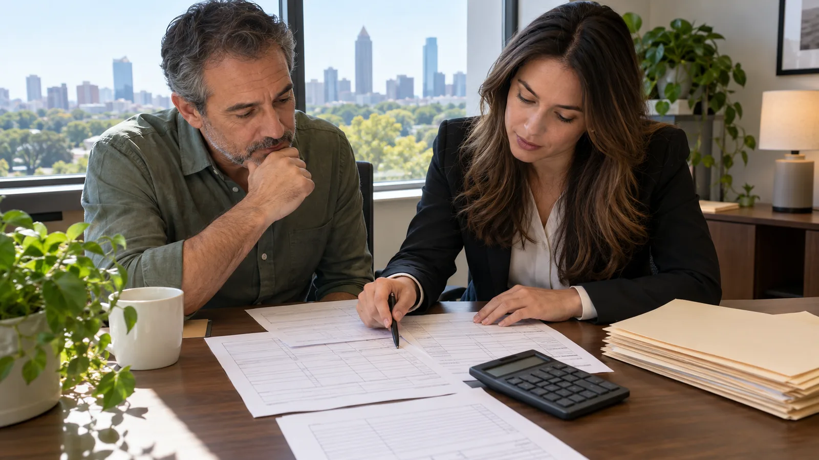 A seller and an accountant look over tax forms and a calculator at a desk in a small office