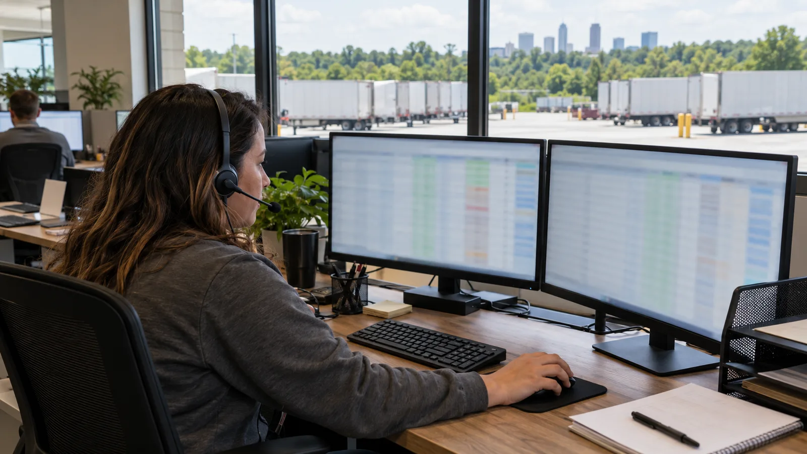 A logistics coordinator wearing a headset tracks loads on two monitors in an open office with a window view of a truck yard