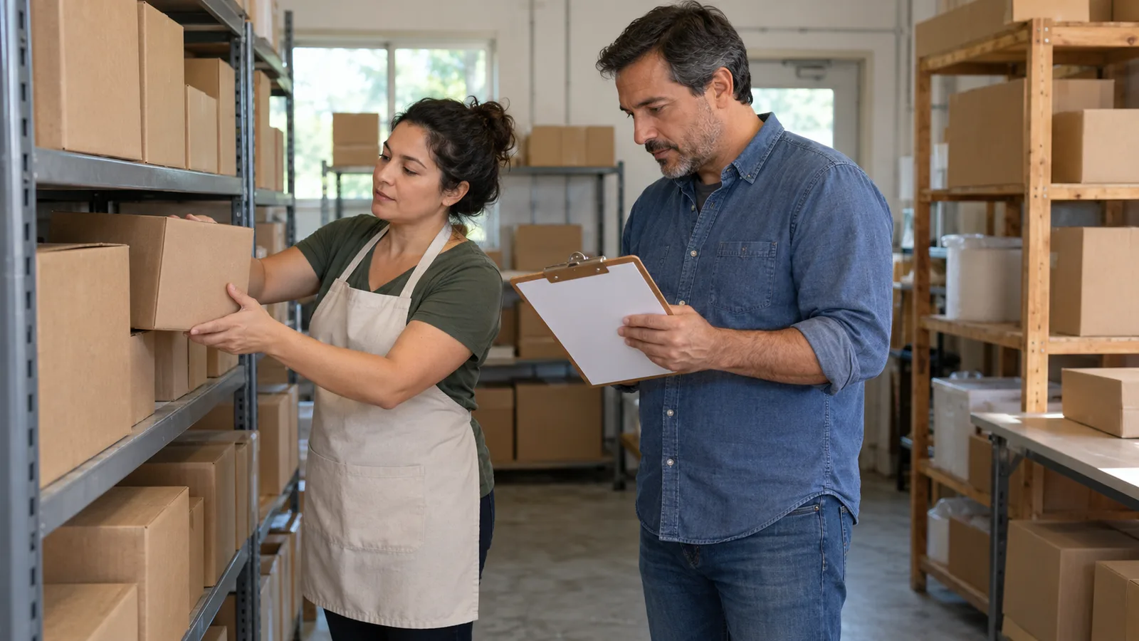 A woman in a store apron and a man with a clipboard count inventory together in the stockroom of a family business